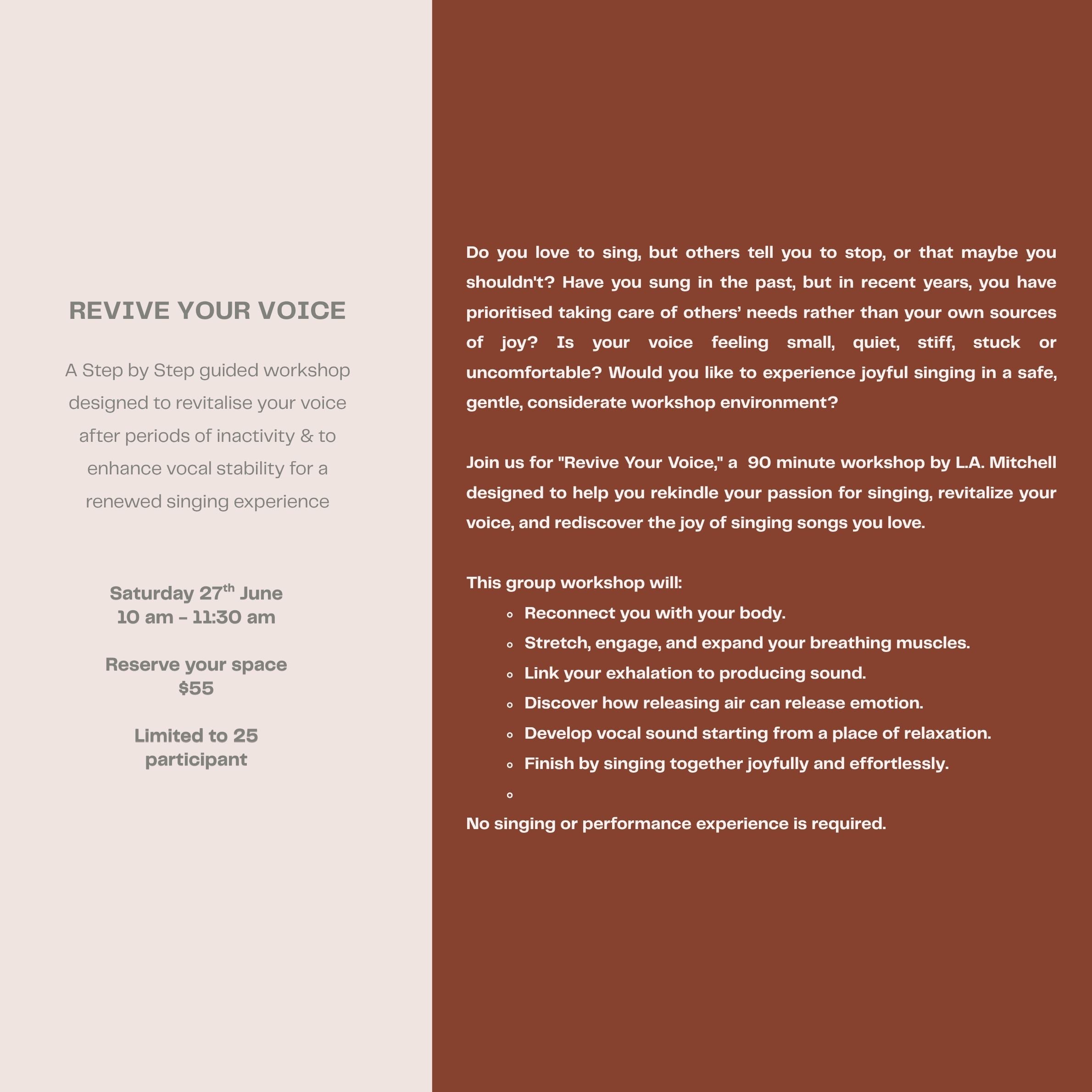 Revive Your Voice : a workshop to restore confidence at Sat, Jun 27, 2026 10:00 AM NZST